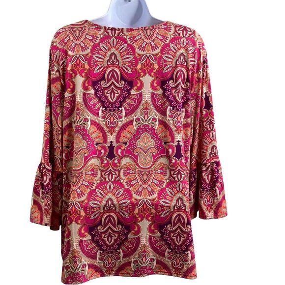 Chico's‎ Women's Pink Medallion Top Size 3 XL Bell Sleeves Regal Ornate Flowy - Picture 2 of 10